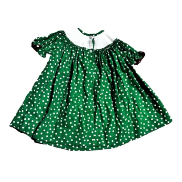 Girls 12M Elf on the Shelf Smocked Green & White Polka Dotted Christmas Dress - Picture 2 of 7